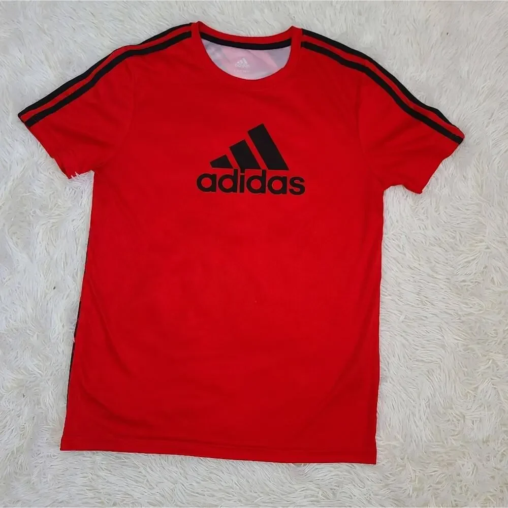 Red Adidas Black Striped Athletic Tee Youth Size Large